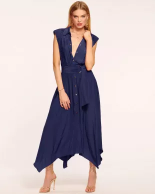 Ivy Sleeveless Asymmetric Hem Shirtdress in Spring Navy