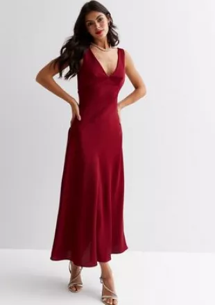 Gini - Burgundy Satin V Neck Midi Slip Dress