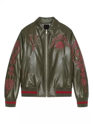 Olive Green & Red Crest Leather Bomber Jacket