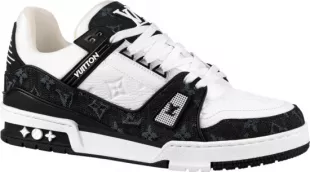 White & Black Denim LV Trainer Sneakers