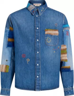 Iris Blue Denim Mohair Patches Shirt