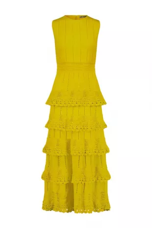 Crochet Ruffle Pointelle Knit Sleeveless Midi Dress