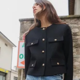 Zara Cropped Blazer with Flaps in Black worn by Faith Abubey