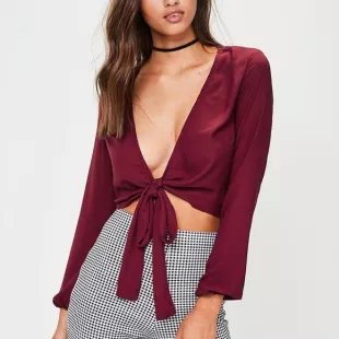 Maroon Crop Front Tie Top