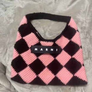Pink/Black Check Crochet Tote Bag