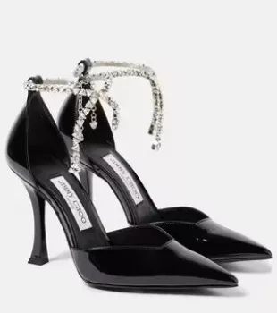 Black Crystal Strap Pointed Toe Pumps