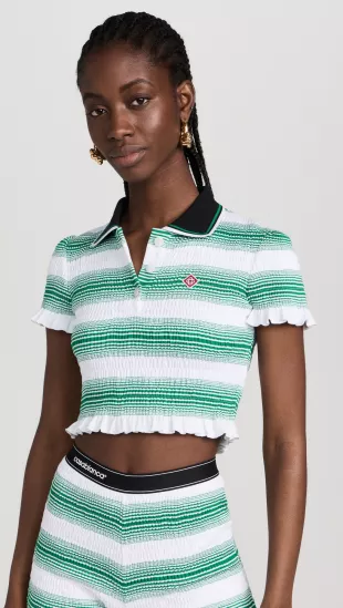 Gradient Stripe Shirred Polo Top