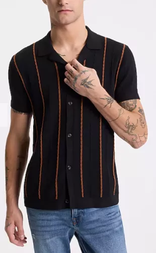 Cable Knit Striped Cotton Short Sleeve Sweater Polo