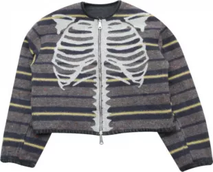 Black Denim & Grey Striped Bones Reversible Moto Jacket