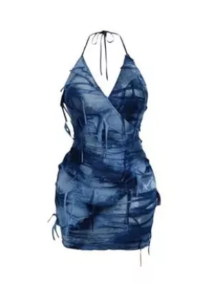 Shenhe - Tie Dye Ripped V Neck Wrap Halter Bodycon Pencil Mini Dress
