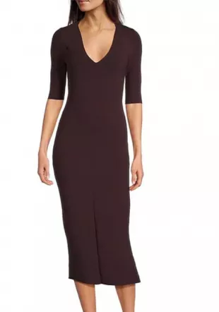Fezanin Solid Knit V-Neck Elbow Sleeve Bodycon Midi Dress