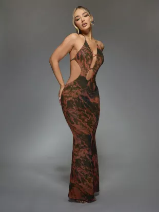 Printed Halter Neck Dropped Cut-Out Front Flare Hem Maxi Dress Cute Sundress