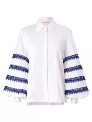 Embroidered Puff-Sleeve Button-Down Shirt