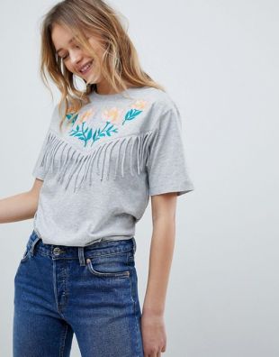 T shirt brodé à franges