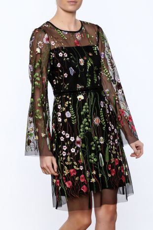Sheer Sleeved Embroidered Floral Dress