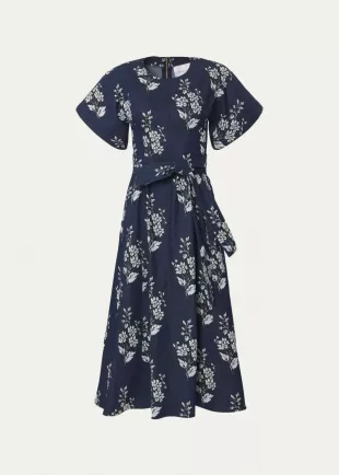 Floral-Print Denim Belted Midi Dress