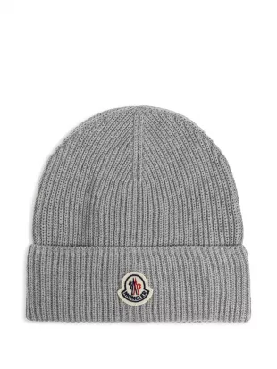 Grey Ribbed Logo Patch Beanie