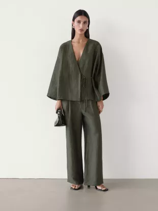 Flowing Linen Blend Kimono in Dark Green