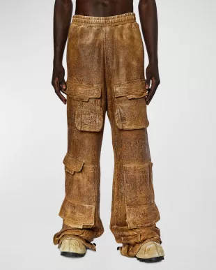 Brown Cracked Leather Baggy Cargo Pants
