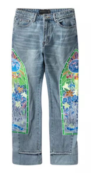 Blue & Large Green Stained Glass Cowboy Jeans