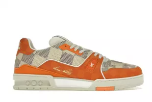 White & Orange Damier 'LV Trainer' Sneakers