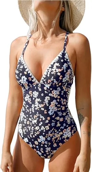One Piece Swimsuit Deep V Neck Back Crisscross Lace Up