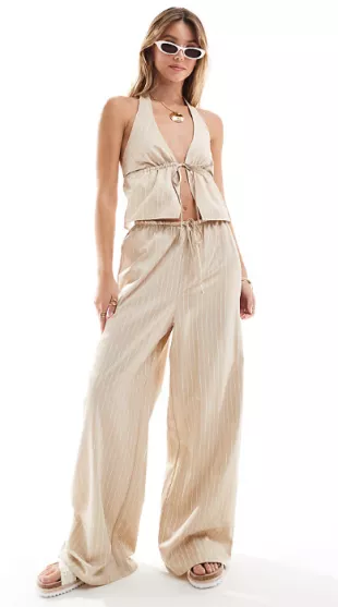 Beige Pinstripe Crop Top and Pants Set