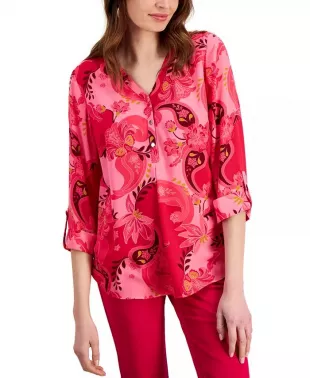 JM Collection Womens Printed Roll Tab Sleeve Top main image 1