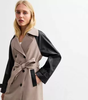 Faux Leather Sleeve Trench Coat