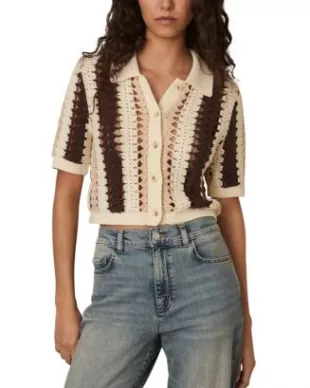 Roni Collar Crochet Cardigan in Cream/ Brown