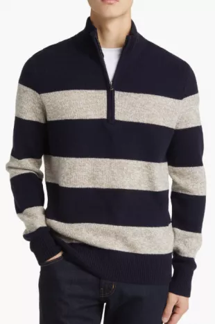 Merino Wool Striped Half-zip Sweater