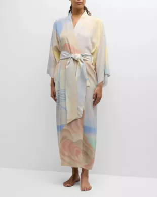Queenie Landscape-Print Silk Kimono Robe
