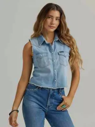 Wrangler Raw Hem Denim Shirt In Denim Blue
