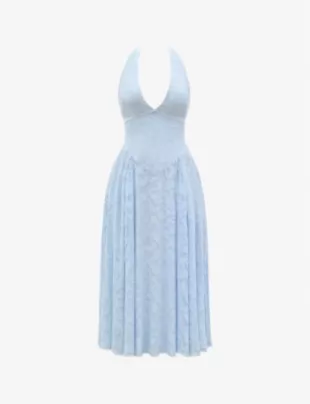 Arietta Bluebell Floral Jacquard Halter Midi Dress