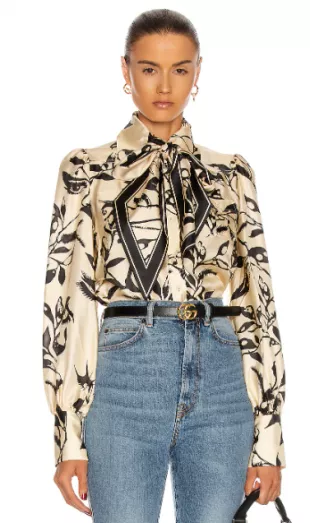 Ladybeetle Eye Print Tie Neck Silk Shirt