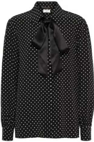Tie-Neck Polka-Dot Silk Blouse