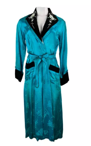 1940's Turqouise Silk Jacquard Robe with Black Velvet Details