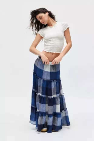 Remnants Tiered Gingham Maxi Skirt