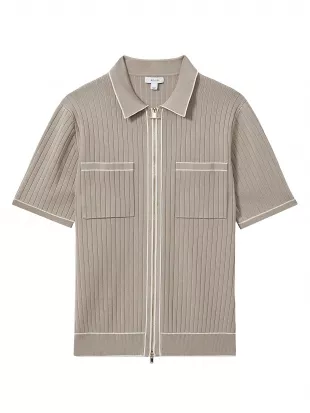 Christophe Rib Zip-Up Polo Sweater in Stone