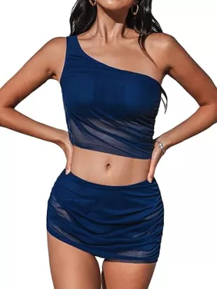 Women's Bikini Sets Two Piece Bathing Suit One Shoulder Ruched Mesh Mid Rise Skirt Bottom Asymmetrical