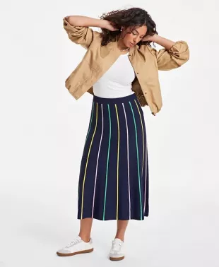 Striped Pull-On Midi Sweater Skirt
