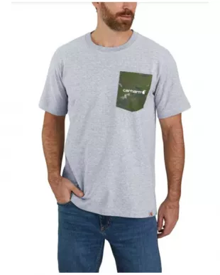 Men's Camo Logo Heather Gray Graphic Heavyweight Short Sleeve Work T-Shirt