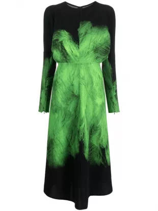 Feather-print Long-sleeve Midi Dress