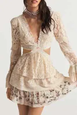 Pink Lace Cut Out Long Sleeve Mini Dress