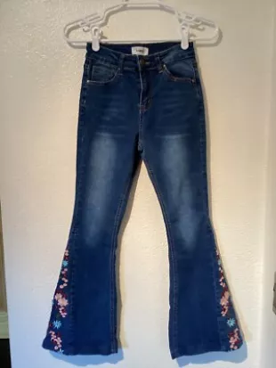 Denim Soft Jeans Junior Sz 3 Mid Rise Flare Leg Floral Embroidery