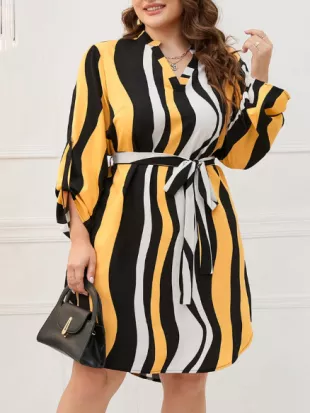 Plus Striped Print Roll Tab Sleeve Belted Dress