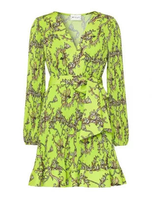 Liv Tassel Pleated Minidress in Chartreuse Multi
