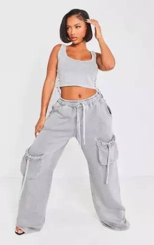 Shape Light Grey Washed Double Waistband Pocket Detail Wide Leg Sweatpants