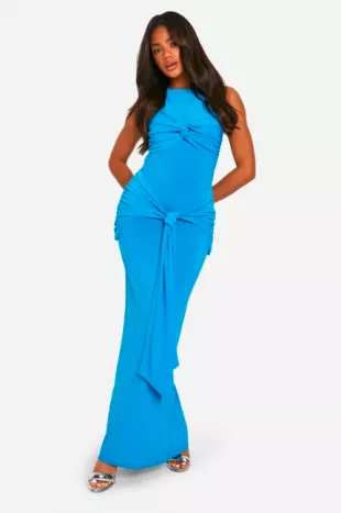 Ruched Twist Detail Racer Neck Maxi Dress