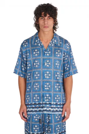 Blue Tiled Silk Short Sleeve Shirt